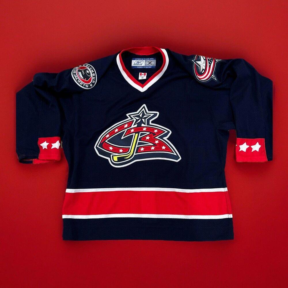 Size 48 Columbus Blue Jackets Reebok Stitched Blue NHL Hockey Jersey W/ Strap